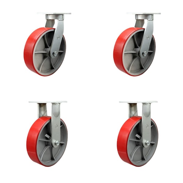 Service Caster 10'' Heavy Duty Red Poly on Cast Iron Caster Set 2 Swivel Locks 2 Rigid, 4PK CRAN-SCC-KP92S1030-PUR-RS-BSL-2-R-2 - main